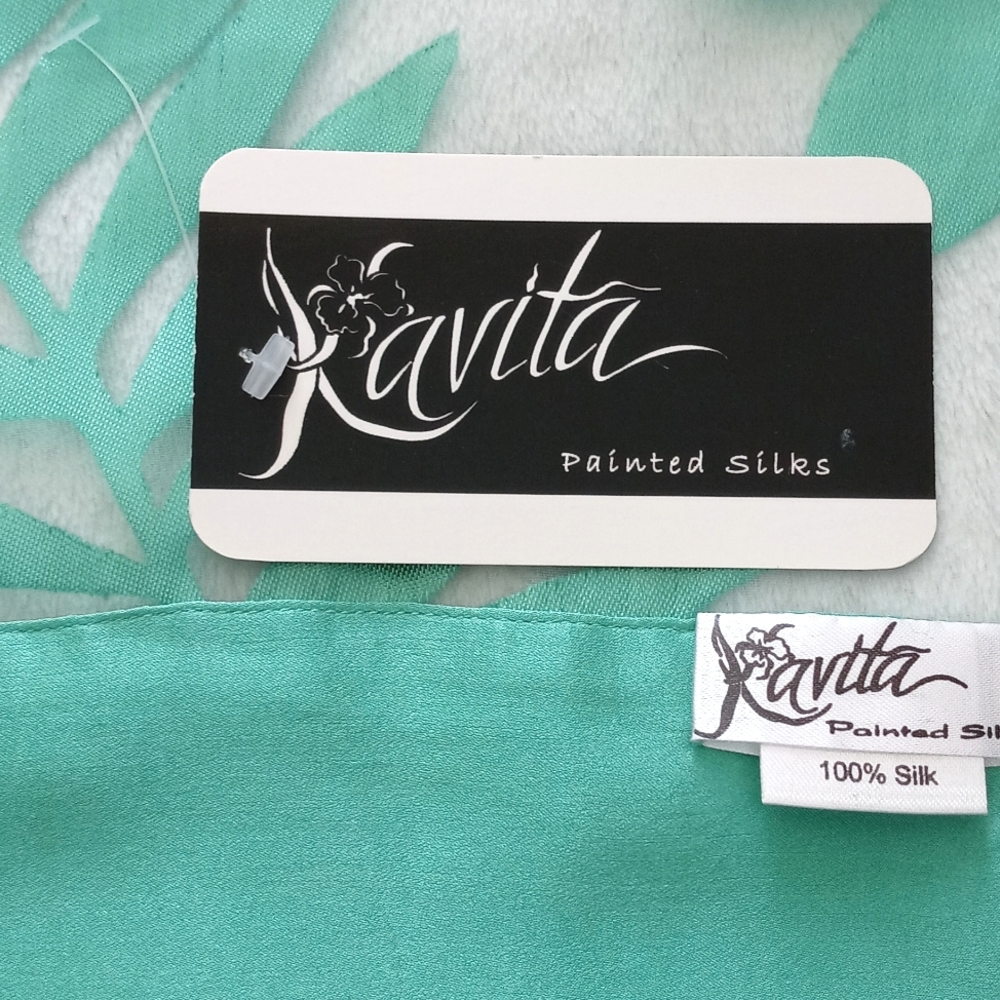 Kavita 100% Silk Aqua Painted Long Scarf In Teal, Sky Blue & Earth Tone Browns - Picture 11 of 15